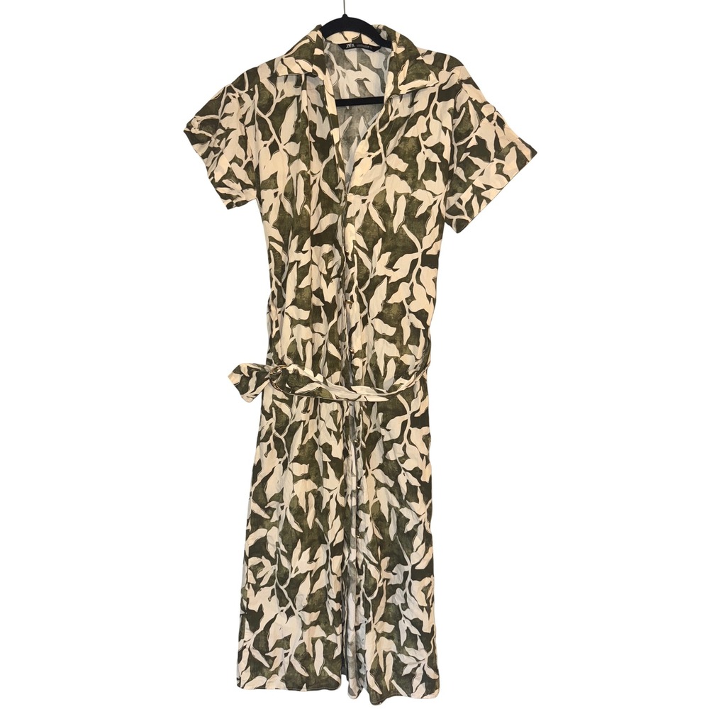 ZARA Leaf Print Belted Button Front Midi Dress Women Size S